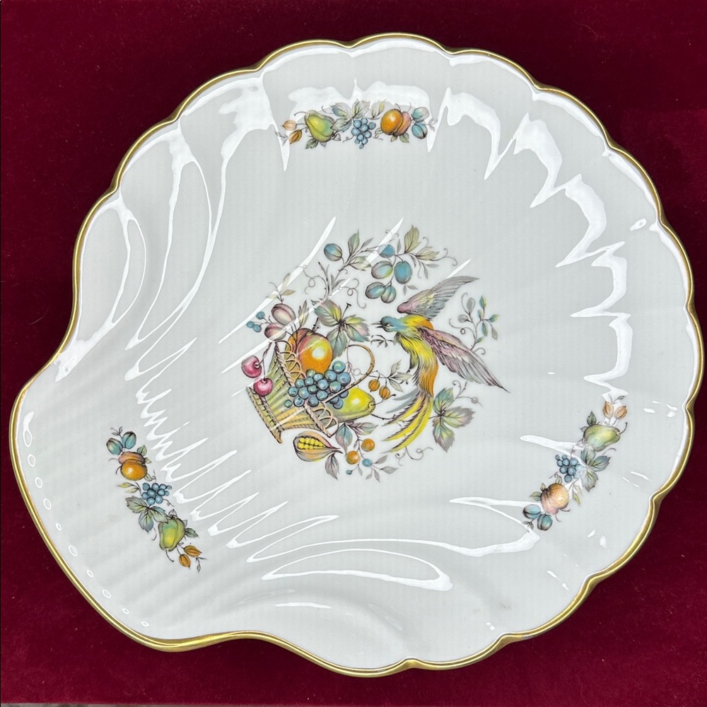Vintage Limoges France Scalloped Shell Dish -Hand-Painted Bird & Fruit-Gold Trim